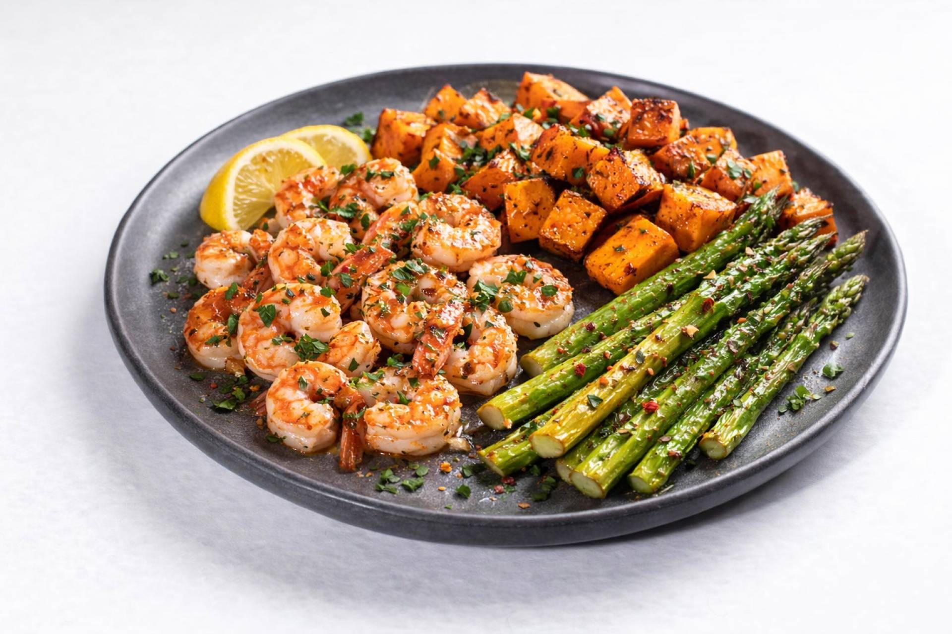 Shrimp Saganaki With Sweet Potatoes & Asparagus