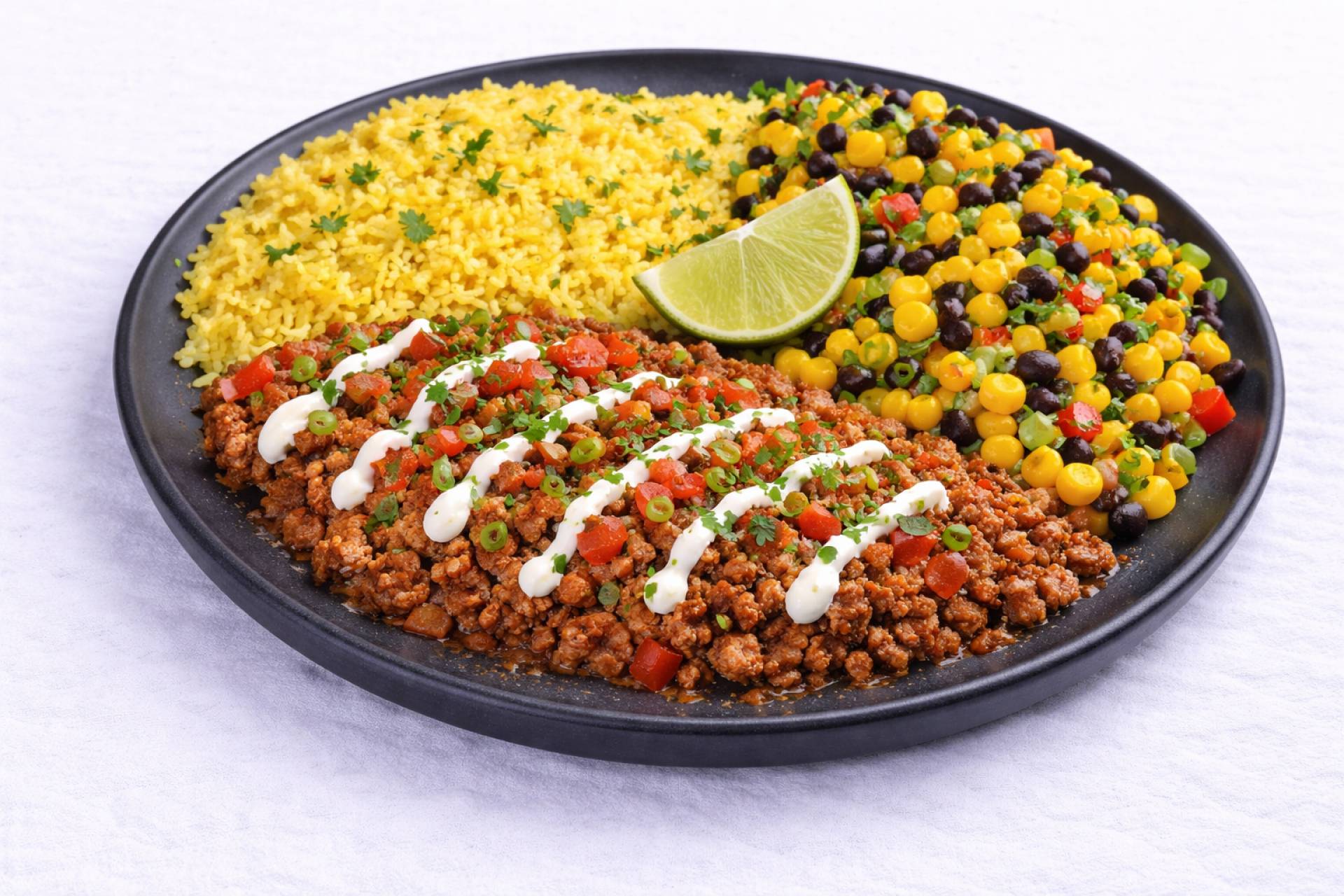 Ground Beef Burrito Bowl With Yellow Rice, Corn & Beans